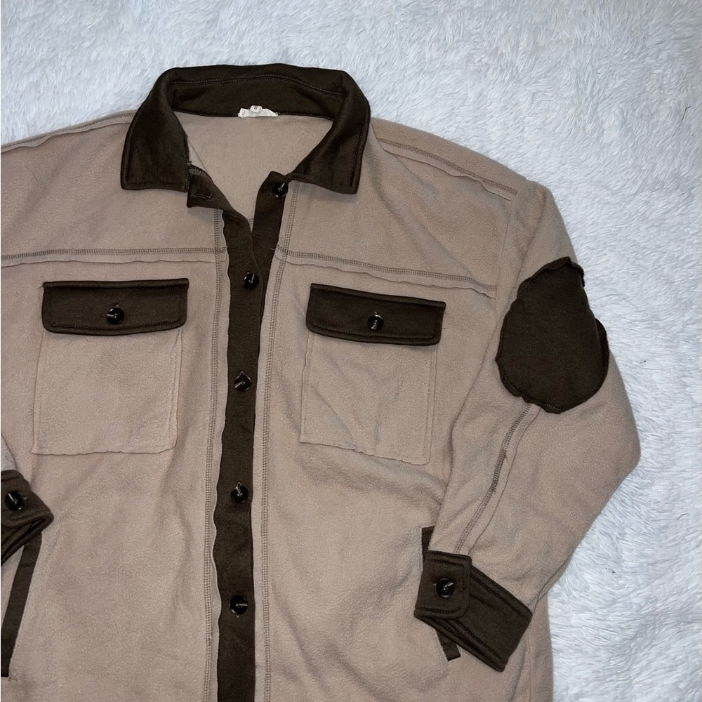 La Miel Brown & Tan Shacket Sweater Flannel Style Small oversized w/ elbow patch